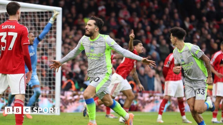 Rayan Cherki celebrates at Nottingham Forest