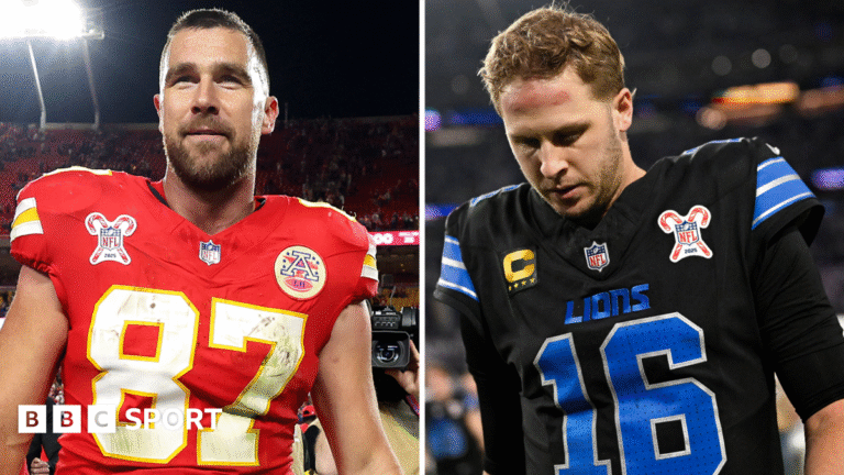 Travis Kelce of the Kansas City Chiefs after losing to the Denver Broncos and Jared Goff of the Detroit Lions after they lost to Minnesota