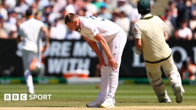 The Ashes 2025-26: Gus Atkinson adds to England injury concerns England bowler Gus Atkinson bends over to hold is legs with an apparent hamstring injury