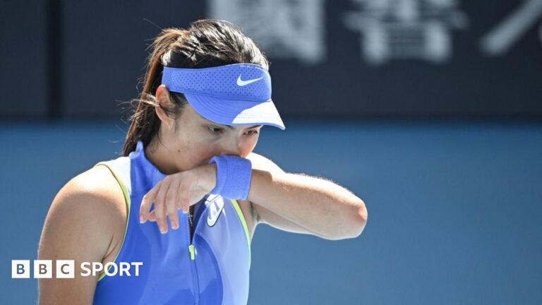Emma Raducanu reacts during her Australian Open defeat