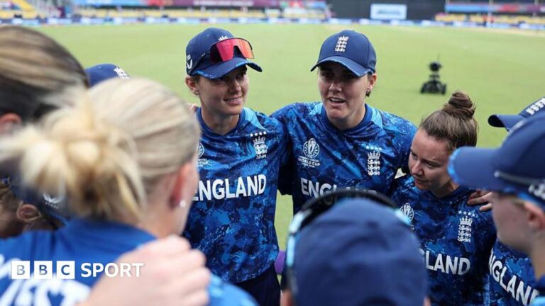 England's players in a huddle at the 2025 50-over World Cup