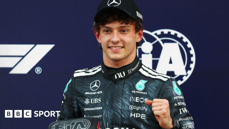 Mercedes' Kimi Antonelli gives the thumbs-up signal after taking pole position for the Japanese Grand Prix
