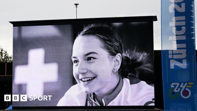 A picture of Muriel Furrer is displayed at the Road World Championshis in 2024