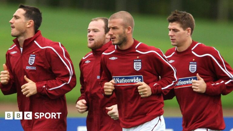 Frank Lampard, Wayne Rooney, David Beckham and Steven Gerrard training with England