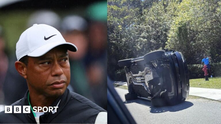 Tiger Woods car crash: Golfer charged with driving under influence Tiger Woods' car is seen on its side and skid marks show where he crashed and lost control