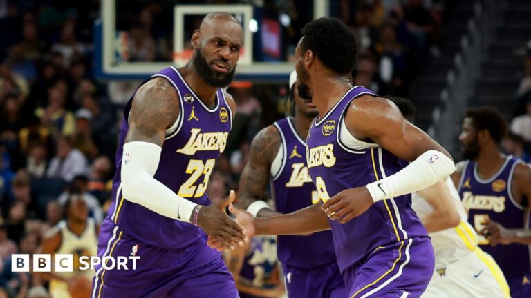 NBA: Bronny James assists father LeBron in Los Angeles Lakers win LeBron James and son Bronny on court for LA Lakers against Golden State Warriors