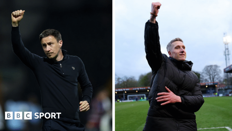 National League title race: Rochdale and York face huge consequences in promotion battle A composition image of York City manager Stuart Maynard and Rochdale manager Jimmy McNulty raising their arms in loft in celebrations after wins for their respective clubs in the National League 2025-26 title race