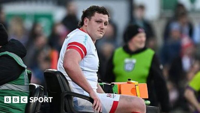 Angus Bell is taken off the pitch on a cart during Friday's defeat by Leinster