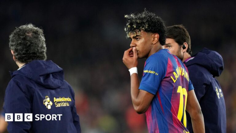 Lamine Yamal of FC Barcelona scores the team's first goal from penalty spot during the LaLiga match between FC Barcelona and RC Celta de Vigo at Spotify Camp Nou on April 22, 2026 in Barcelona, Spain.