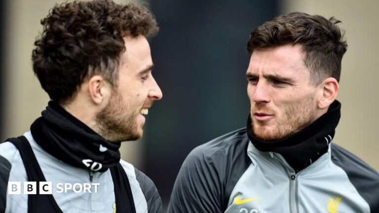 Andy Roberton, Sir Kenny Dalglish and Liverpool’s Scottish bond Diogo Jota and Andy Robertson at training.