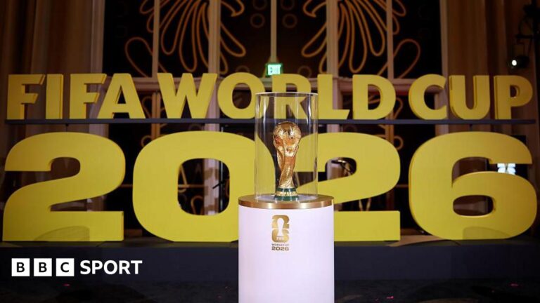 A picture of the Fifa World Cup trophy in front of the words Fifa World Cup 2026.