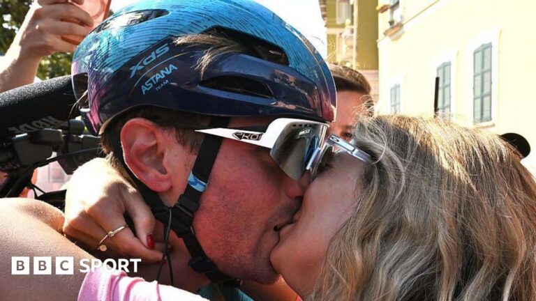 Alberto Bettiol celebrates winning stage 13 of the Giro d'Italia
