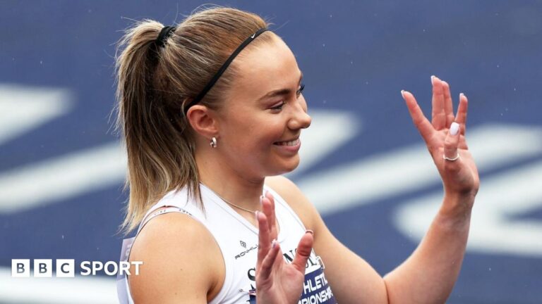 Hannah Brier: Wales’ fastest woman adds longstanding 200m record to 100m best Hannah Brier with hands raised smiling