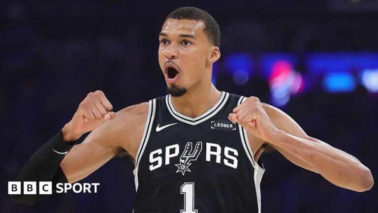 Victor Wembanyama with clenched fists during the San Antonio Spurs' win in game one of their NBA play-off series against the Oklahoma City Thunder in 2026