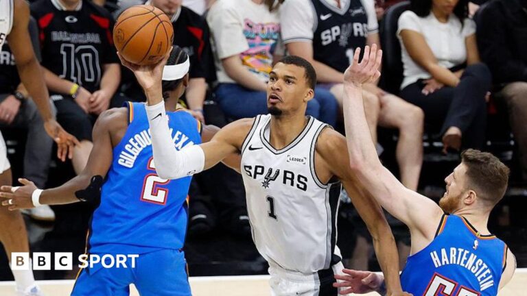 Victor Wembanyama of the San Antonio Spurs drives to the basket against the Oklahoma City Thunder