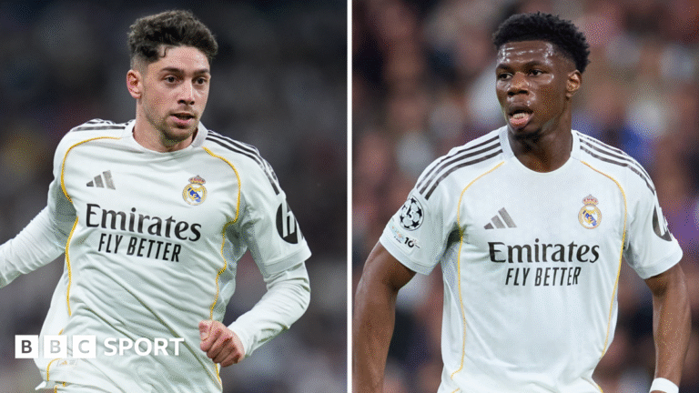 A split picture of Real Madrid players Federico Valverde and Aurelien Tchouameni in the club's white kit
