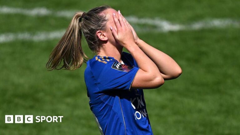 Leicester's Heather Payne reacts at full-time