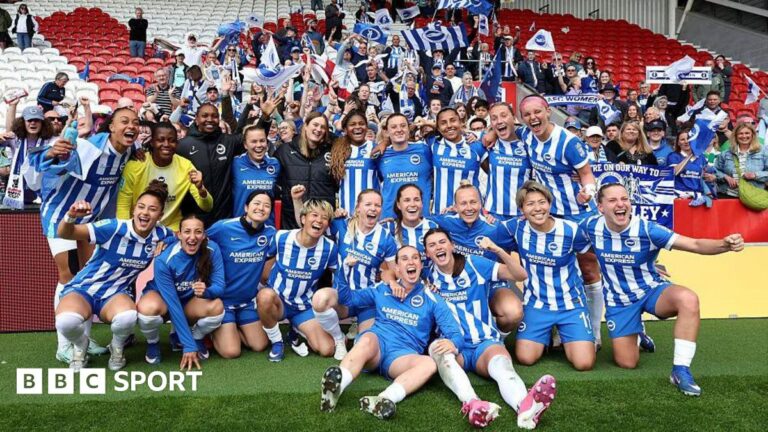 The players of Brighton & Hove Albion pose for a photo after the team's victory in the Adobe Women's FA Cup Semi Final match between Liverpool and Brighton