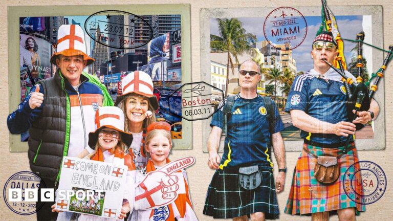 Visual of a family of England supporters and pair of Scotland fans on a background of a postcard that depicts New York and Miami as 2026 World Cup host cities