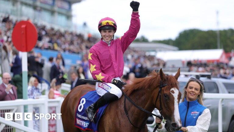 Epsom Oaks: Irish champion jockey Dylan Browne McMonagle rides Joseph O’Brien-trained Thundering On from last place to first Dylan Browne McMonagle raises his fist in their in triumph aboard Thundering On at Epsom