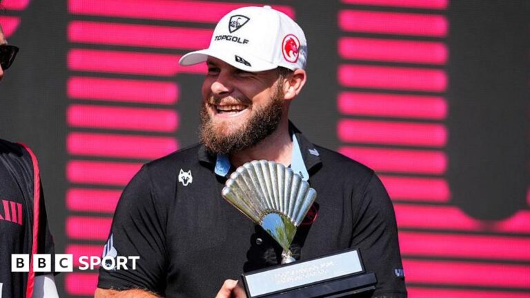 LIV Golf: England’s Tyrrell Hatton wins in Andalucia Tyrrell Hatton smiles as he holds the trophy for winning in Andalucia