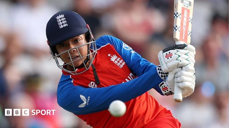 Sophia Dunkley plays a shot in England's game against Scotland at the Women's T20 World Cup at Headingley