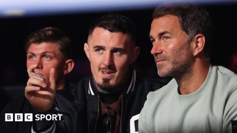 Tom Aspinall: Eddie Hearn calls on UFC president Dana White to release fighter Eddie Hearn and Tom Aspinall talk while they watch a boxing match in April 2026