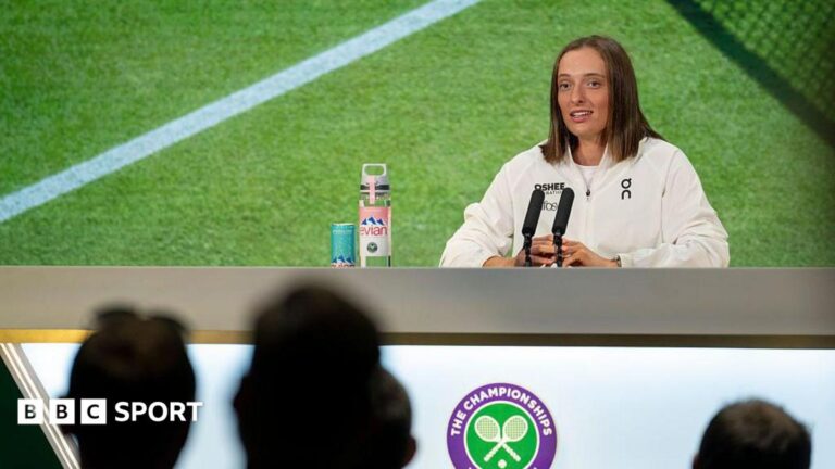 Iga Swiatek speaks to the media at Wimbledon in 2025