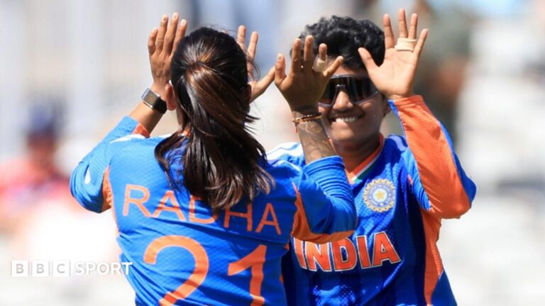 Women’s T20 World Cup: Shafali Verma hits 53 as India beat Bangladesh to boost semi-final hopes India's Shree Charani (right) celebrates the wicket of Bangladesh's Dilara Akter