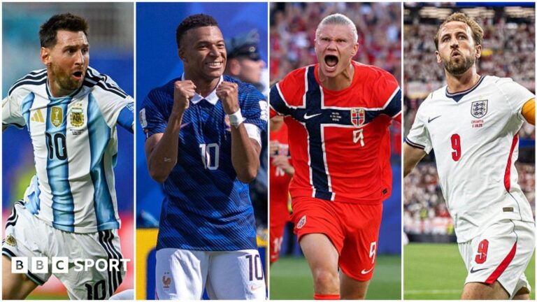 A collage of Lionel Messi of Argentina, Kylian Mbappe of France, Erling Haaland of Norway and Harry Kane of England