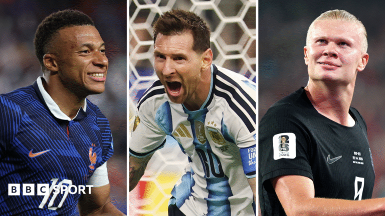 Kylian Mbappe, Lionel Messi and Erling Haaland celebrate scoring for France, Argentina and Norway respectively at the World Cup