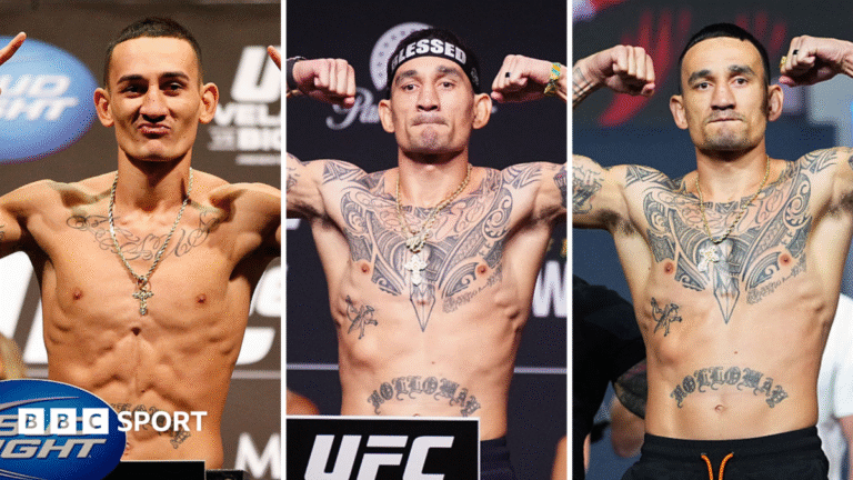 Three images of Max Holloway showing his body shape changing from featherweight to lightweight and then welterweight