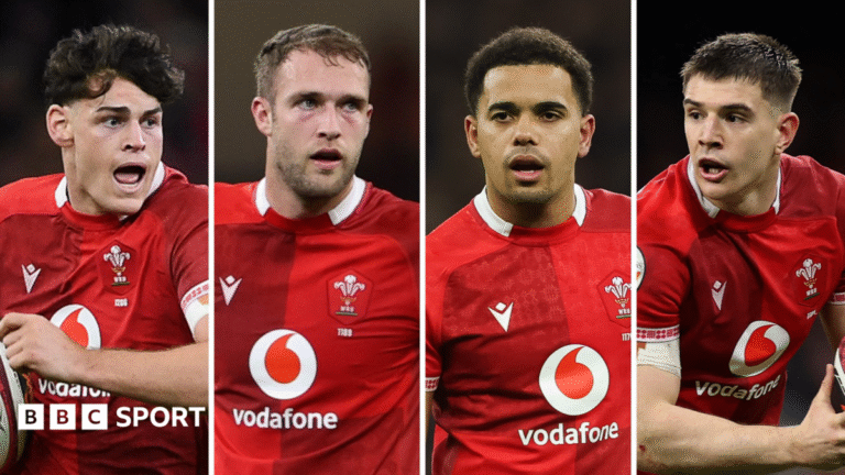 Eddie James, Max Llewellyn, Ben Thomas and Joe Hawkins in red Wales jerseys