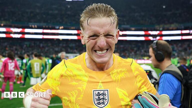 England goalkeeper Jordan Pickford celebrates after his superb display in the win against Mexico at The Azteca.