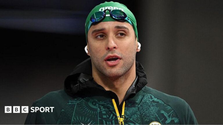 South Africa's Chad le Clos arrives for the Men's 50m Butterfly Semi-Final at the swimming event at the Tollcross International Swimming Centre in Glasgow, on day five of the Commonwealth Games