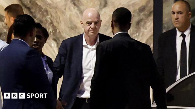 Fifa president Gianni Infantino leaves Al-Madina Stadium in Rabat following the 2026 Women's Africa Cup of Nations match between Malawi and Zambia