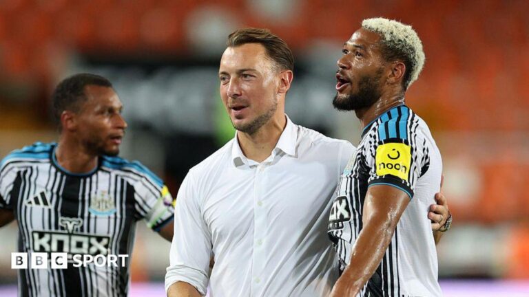 Matthias Jaissle with Joelinton after their pre-season friendly win against Valencia at the Mestalla Stadium