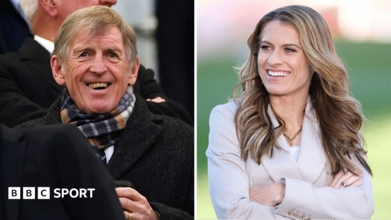 Split image of a smiling Kenny Dalglish (left), wearing a dark coat and patterned scarf, and Karen Carney (right), wearing a grey blazer with long brown hair worn down and arms folded