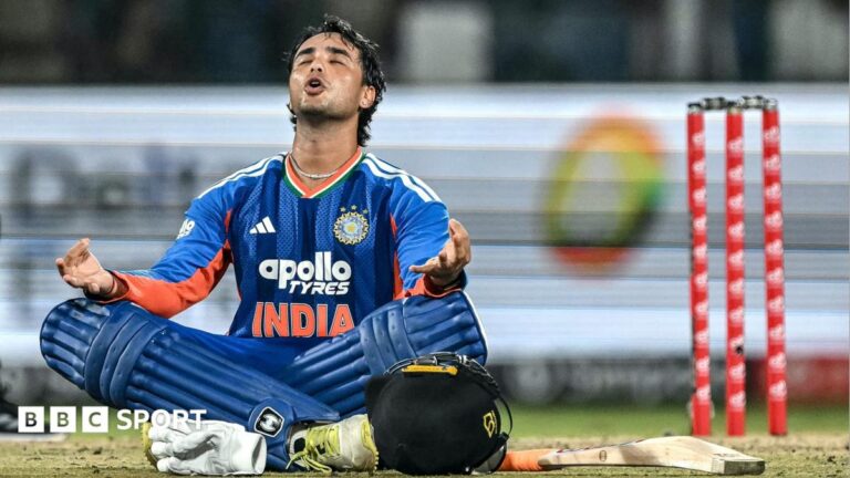 India batter Abhishek Sharma celebrates his century against Afghanistan
