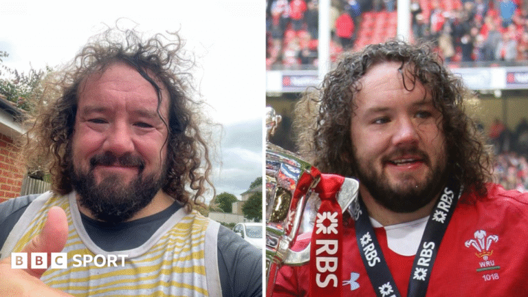 Two images of Adam Jones - on the left in running gear and on the right celebrating a Wales Grand Slam with the Six Nations trophy