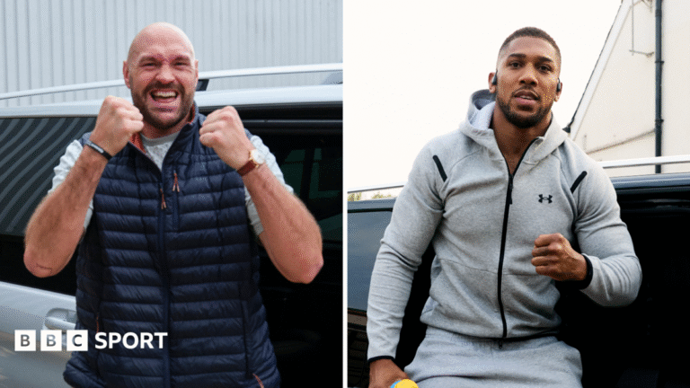 Tyson Fury and Anthony Joshua getting out of their respective cars in London