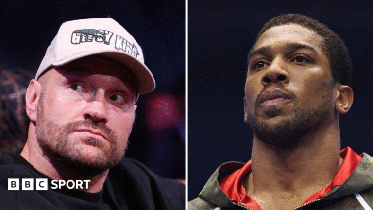 A side-by-side photo of Anthony Joshua and Tyson Fury