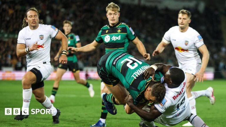 The Prem: Northampton 59-26 Newcastle: Saints score nine-tries to beat Red Bulls Fraser Dingwall is tackled by Newcastle's Christian Wade