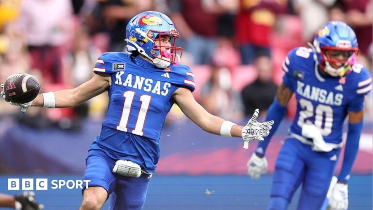 Union Jack Classic: Arizona State beat Kansas in first college game at Wembley Tate Nagy celebrates scoring a touchdown for the Kansas Jayhawks against the Arizona State Sun Devils at Wembley