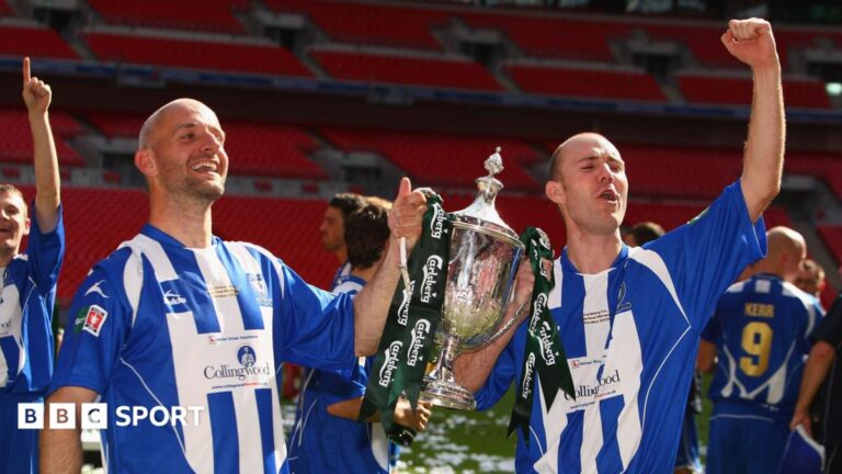 Whitley Bay: The part-timers who won a record three Wembley finals in a row Whitley Bay strikers Paul Chow (left) and Lee Kerr celebrate with the FA Vase trophy